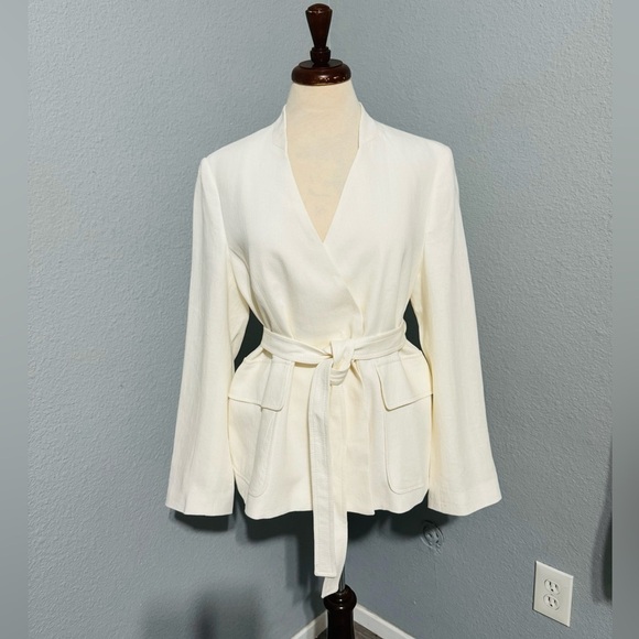 Zara Women Bloggers Fav Oyster White Linen Blend Belted Business Blazer Size M - Picture 9 of 17